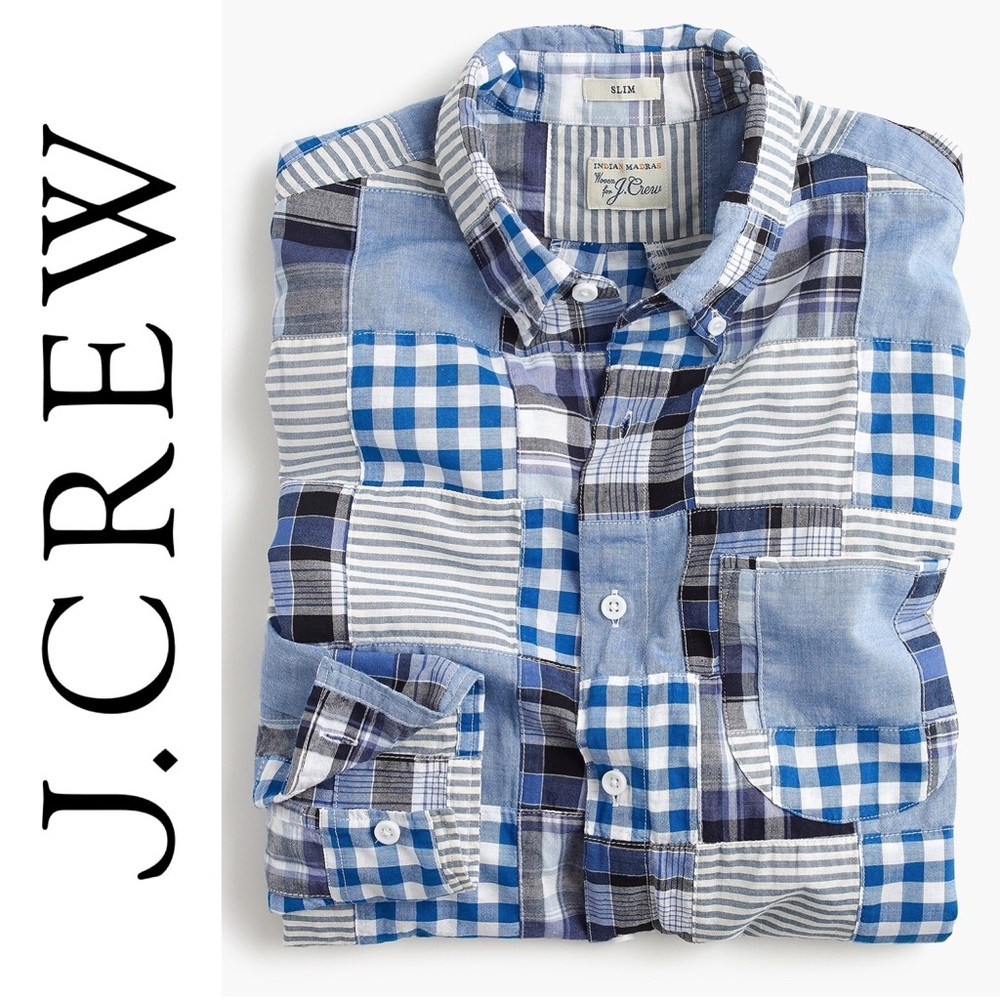 J Crew Madras Blue Patchwork Woven Slim Fit Medium